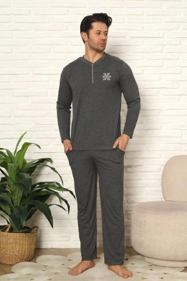 Erkek Pijama Takımı - Antrasit Nakışlı Uzun Kollu Penye 1102UY