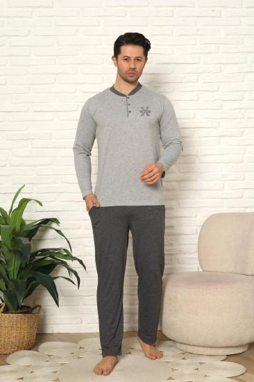 Erkek Pijama Takımı - Gri Nakışlı Uzun Kollu Penye 1102UY