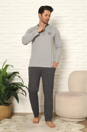 Erkek Pijama Takımı - Gri Nakışlı Uzun Kollu Penye 1102UY