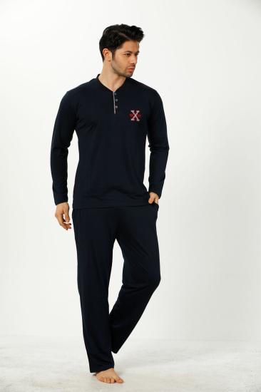 Erkek Pijama Takımı - Lacivert Nakışlı Uzun Kollu Penye 1102UY
