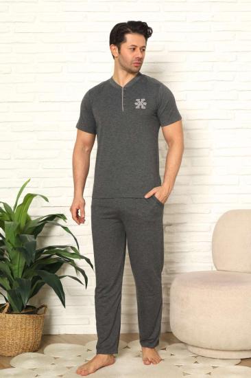 Erkek Pijama Takımı - Antrasit Nakışlı Kısa Kollu Penye 1102KY