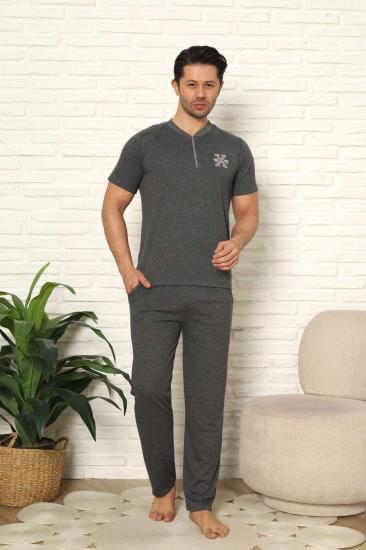 Erkek Pijama Takımı - Antrasit Nakışlı Kısa Kollu Penye 1102KY
