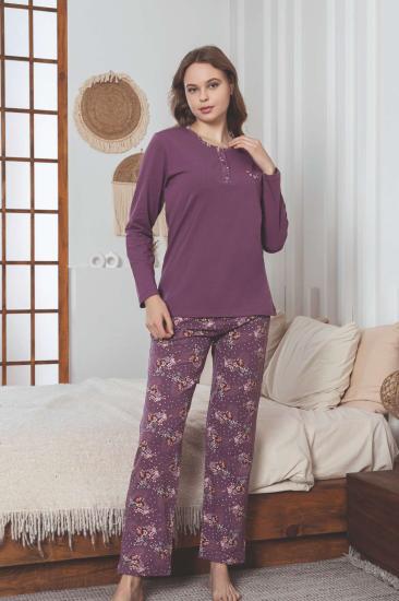 Kadın Pijama Takımı - Mürdüm Çiçek Desenli Uzun Kollu Likralı Pamuk 2892UKL