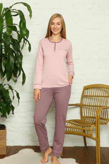 Kadın Pijama Takımı - Gül kurusu Puantiyeli Uzun Kollu Pamuk 2672UY
