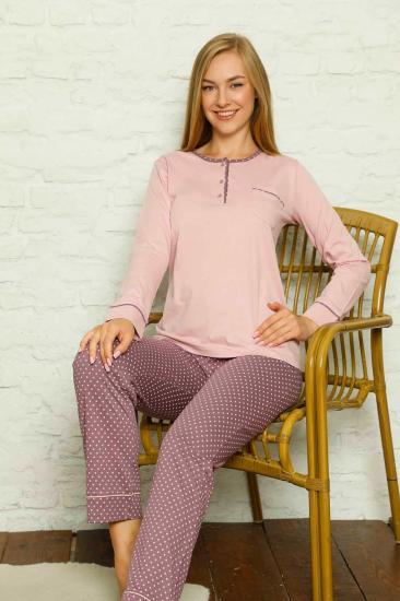 Kadın Pijama Takımı - Gül kurusu Puantiyeli Uzun Kollu Pamuk 2672UY