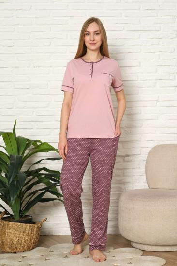 Kadın Pijama Takımı - Gül kurusu Puantiyeli Kısa Kollu Pamuk 2672KY