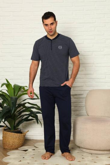 Erkek Pijama Takımı - Lacivert Çizgili Kısa Kollu Penye 1219KY