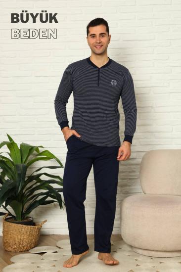 Büyük Beden Erkek Pijama Takımı - Lacivert Çizgili Uzun Kollu Penye 1219UYB