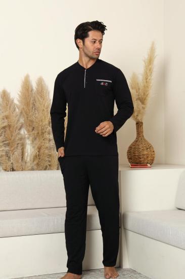 Erkek Pijama Takımı - Siyah Arma Nakışlı Likralı Uzun Kollu Penye 1194UY