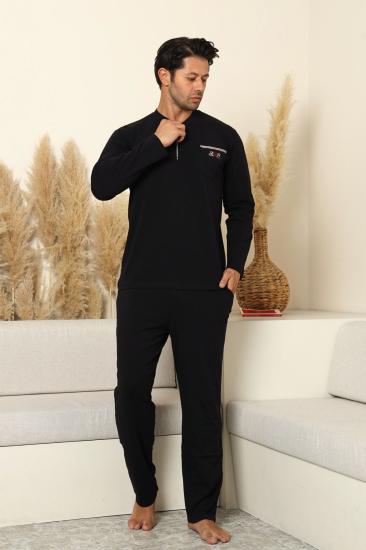Erkek Pijama Takımı - Siyah Arma Nakışlı Likralı Uzun Kollu Penye 1194UY