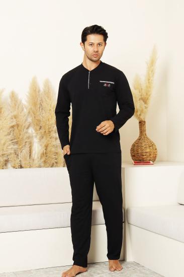 Erkek Pijama Takımı - Lacivert Arma Nakışlı Likralı Uzun Kollu Penye 1194UY