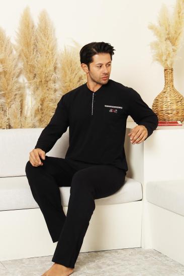 Erkek Pijama Takımı - Lacivert Arma Nakışlı Likralı Uzun Kollu Penye 1194UY