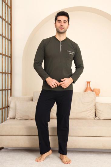Erkek Pijama Takımı - Yeşil Arma Nakışlı Likralı Uzun Kollu Penye 1194UY