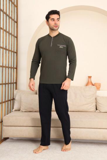 Erkek Pijama Takımı - Yeşil Arma Nakışlı Likralı Uzun Kollu Penye 1194UY