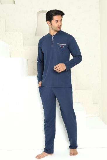Erkek Pijama Takımı - İndigo Arma Nakışlı Likralı Uzun Kollu Penye 1194UY