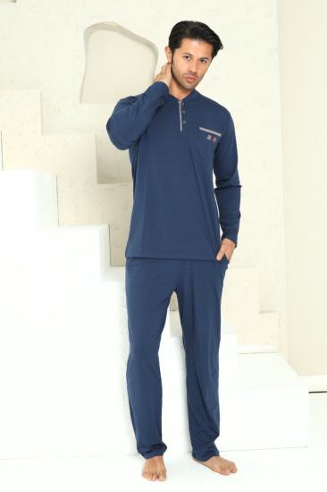 Erkek Pijama Takımı - İndigo Arma Nakışlı Likralı Uzun Kollu Penye 1194UY