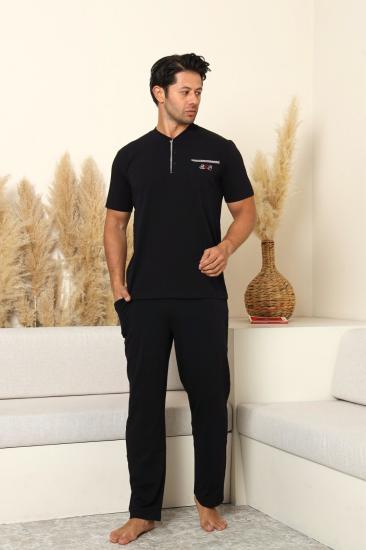 Erkek Pijama Takımı - Siyah Arma Nakışlı Likralı Kısa Kollu Penye 1194KY