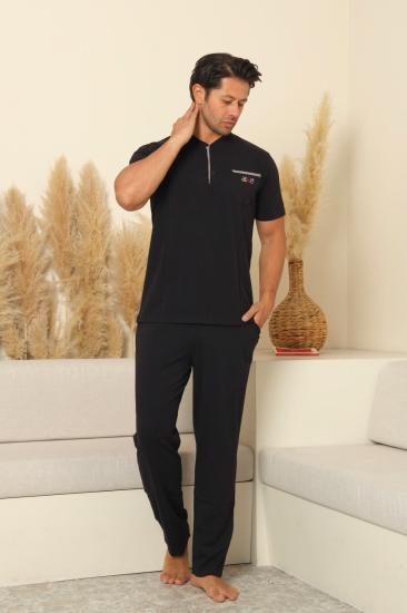 Erkek Pijama Takımı - Siyah Arma Nakışlı Likralı Kısa Kollu Penye 1194KY