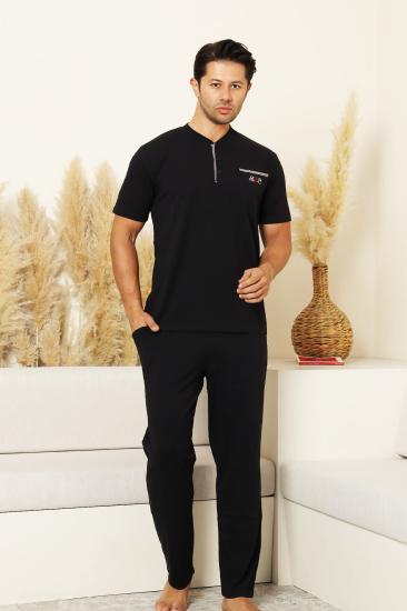 Erkek Pijama Takımı - Lacivert Arma Nakışlı Likralı Kısa Kollu Penye 1194KY