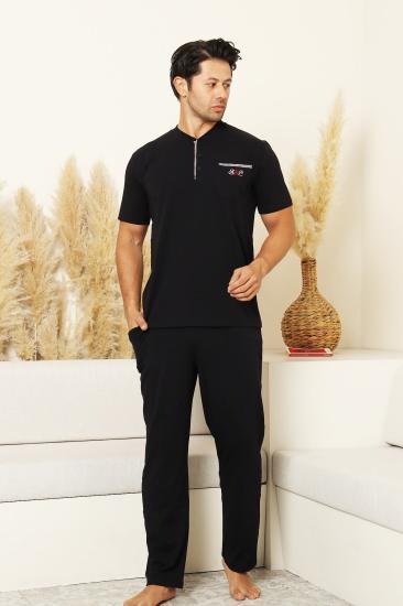 Erkek Pijama Takımı - Lacivert Arma Nakışlı Likralı Kısa Kollu Penye 1194KY