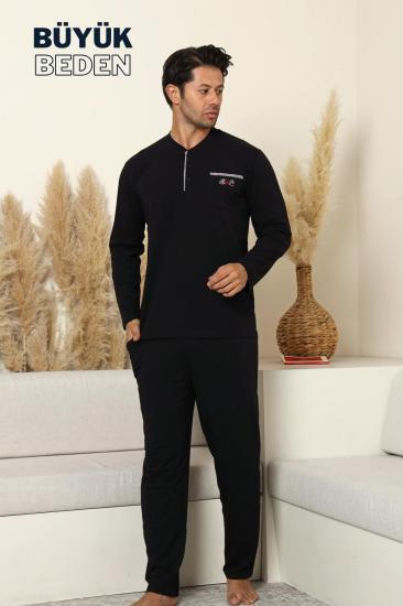 Büyük Beden Erkek Pijama Takımı - Siyah Arma Nakışlı Likralı Penye 1194UYB