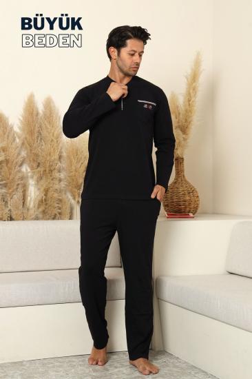 Büyük Beden Erkek Pijama Takımı - Siyah Arma Nakışlı Likralı Penye 1194UYB