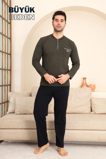 Büyük Beden Erkek Pijama Takımı - Yeşil Arma Nakışlı Likralı Penye 1194UYB