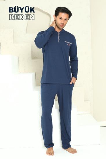 Büyük Beden Erkek Pijama Takımı - İndigo Arma Nakışlı Likralı Penye 1194UYB