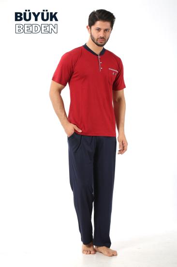 Büyük Beden Erkek Pijama Takımı - Bordo Arma Nakışlı Likralı Penye 1194KYB