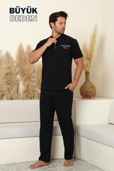 Büyük Beden Erkek Pijama Takımı - Siyah Arma Nakışlı Likralı Penye 1194KYB