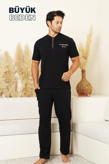 Büyük Beden Erkek Pijama Takımı - Lacivert Arma Nakışlı Likralı Penye 1194KYB
