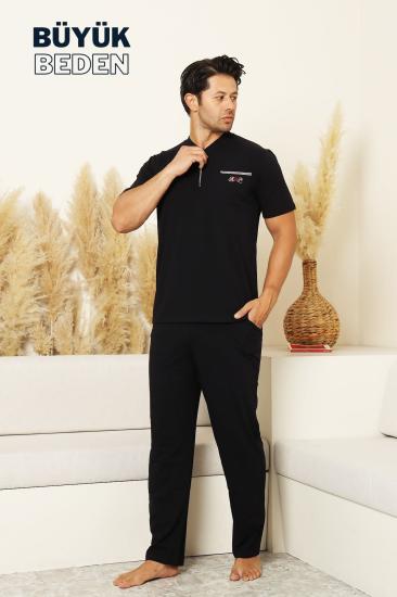 Büyük Beden Erkek Pijama Takımı - Lacivert Arma Nakışlı Likralı Penye 1194KYB