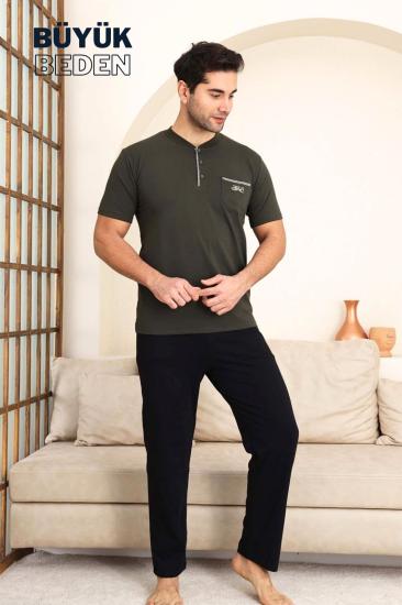 Büyük Beden Erkek Pijama Takımı - Yeşil Arma Nakışlı Likralı Penye 1194KYB