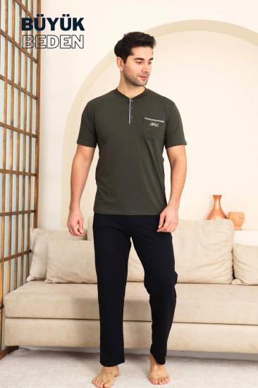 Büyük Beden Erkek Pijama Takımı - Yeşil Arma Nakışlı Likralı Penye 1194KYB
