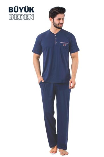 Büyük Beden Erkek Pijama Takımı - İndigo Arma Nakışlı Likralı Penye 1194KYB
