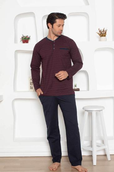 Erkek Pijama Takımı - Bordo Mini Puan Desen Penye Uzun Kollu 1204UY