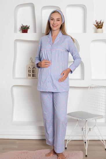 Hamile Lohusa Pijama Takımı - Mavi Kalpli Saç Bantlı Uzun Kollu Penye 2796