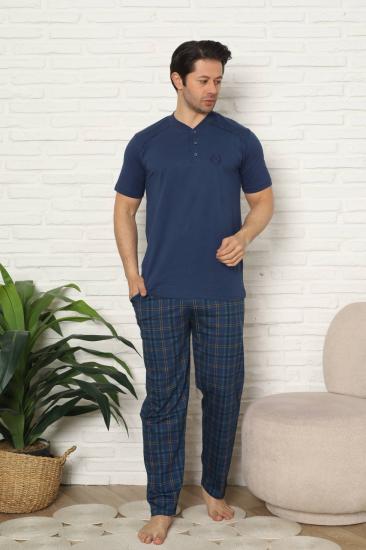 Erkek Pijama Takımı - İndigo Kareli Kısa Kollu Penye 1227KY