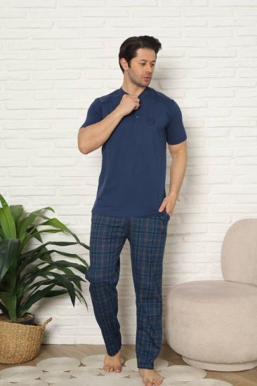 Erkek Pijama Takımı - İndigo Kareli Kısa Kollu Penye 1227KY