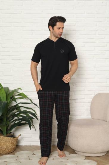 Erkek Pijama Takımı - Siyah Kareli Kısa Kollu Penye 1227KY