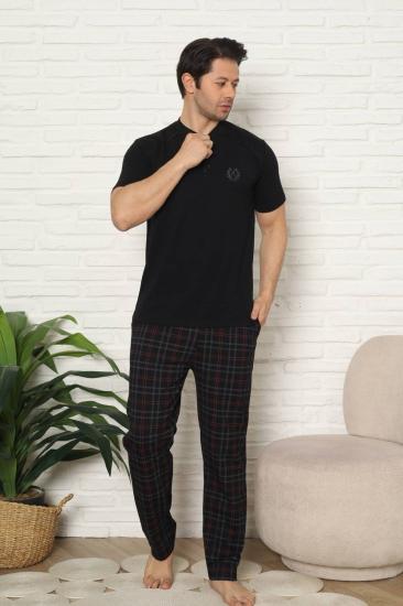 Erkek Pijama Takımı - Siyah Kareli Kısa Kollu Penye 1227KY