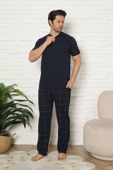 Erkek Pijama Takımı - Lacivert Kareli Kısa Kollu Penye 1227KY