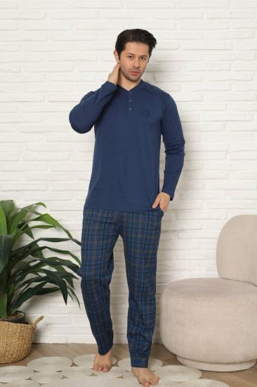 Erkek Pijama Takımı - İndigo Kareli Uzun Kollu Penye 1227UY