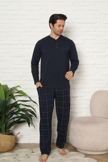 Erkek Pijama Takımı - Lacivert Kareli Uzun Kollu Penye 1227UY