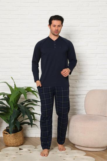 Erkek Pijama Takımı - Lacivert Ekoseli Uzun Kollu Penye 1224UY