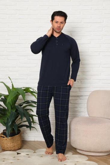 Erkek Pijama Takımı - Lacivert Ekoseli Uzun Kollu Penye 1224UY