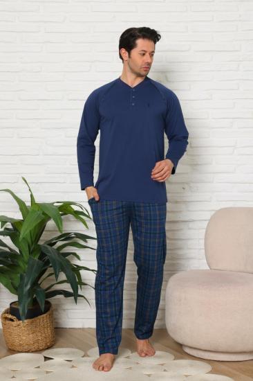 Erkek Pijama Takımı - İndigo Ekoseli Uzun Kollu Penye 1224UY