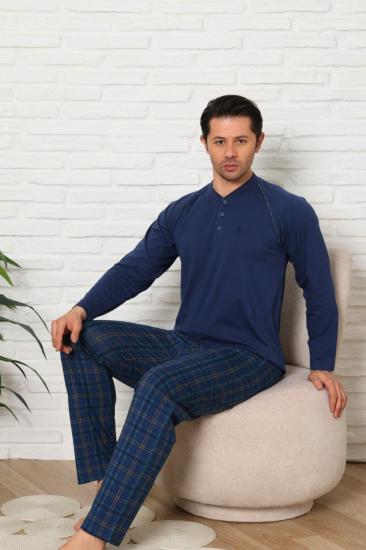 Erkek Pijama Takımı - İndigo Ekoseli Uzun Kollu Penye 1224UY