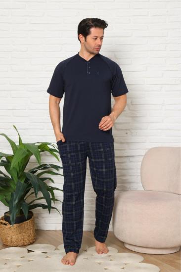 Erkek Pijama Takımı - Lacivert Ekoseli Kısa Kollu Penye 1224KY