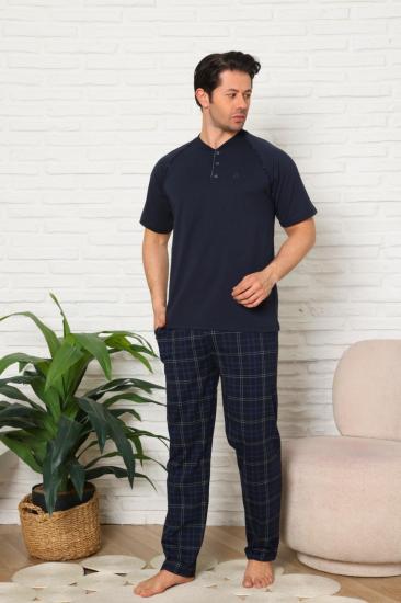 Erkek Pijama Takımı - Lacivert Ekoseli Kısa Kollu Penye 1224KY
